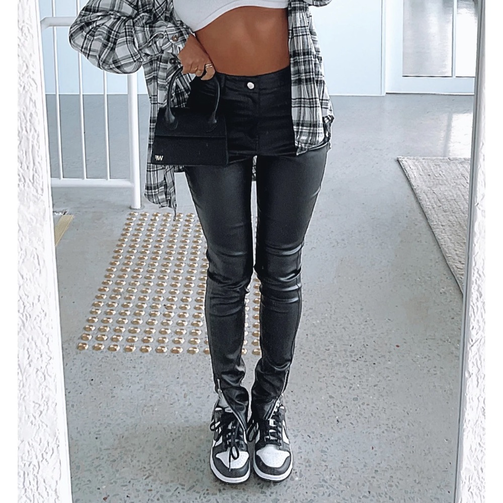 White Fox black leather pants with ankle zipper